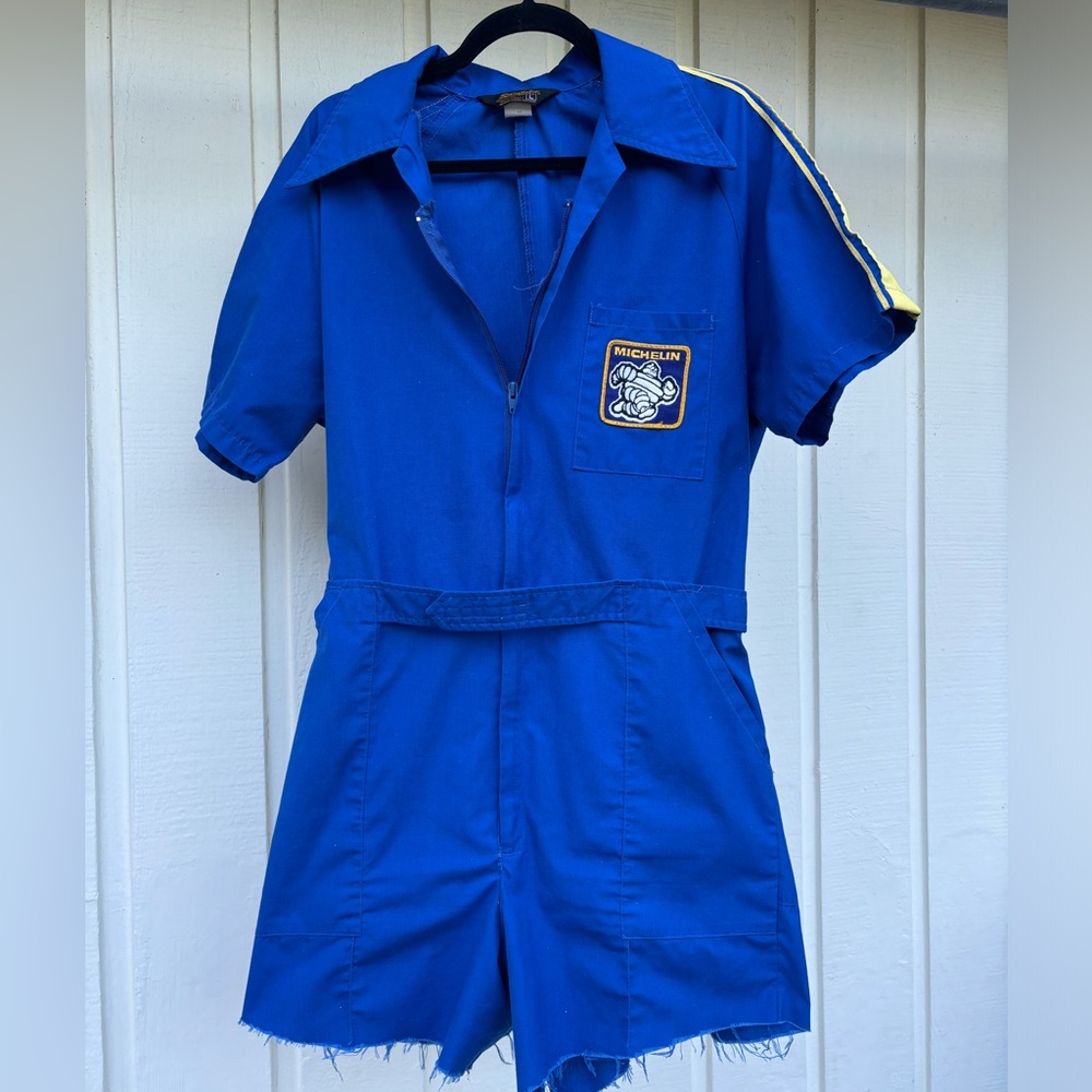 Vintage Michelin Auto Romper Cutoff with Zipper & Pockets - Blue